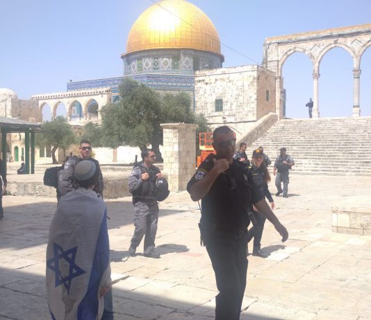 הותקף באלימות ע"י שוטר כשהתפלל סמוך להר הבית – ותובע פיצוי של עשרות אלפי שקלים דגל ישראל בהר הבית