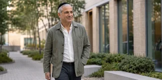 ישראל פיגא הולך בקמפוס מחקר מודרני בלייקווד, ניו ג׳רזי